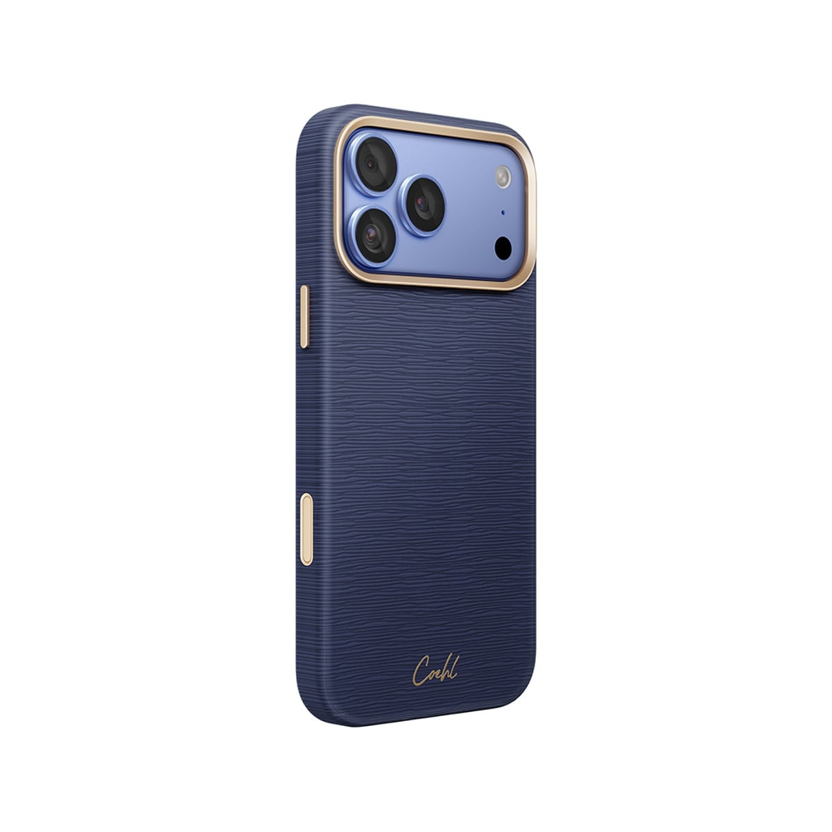 Viền camera nhôm nguyên khối trên ốp UniQ Coehl Mirelle màu xanh navy