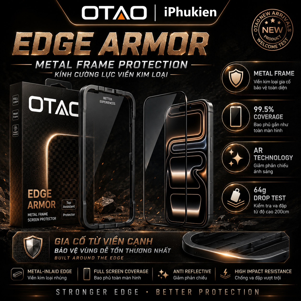 Cường lực OTAO Edge Armor AR với viền hợp kim nhôm gia cường mép kính