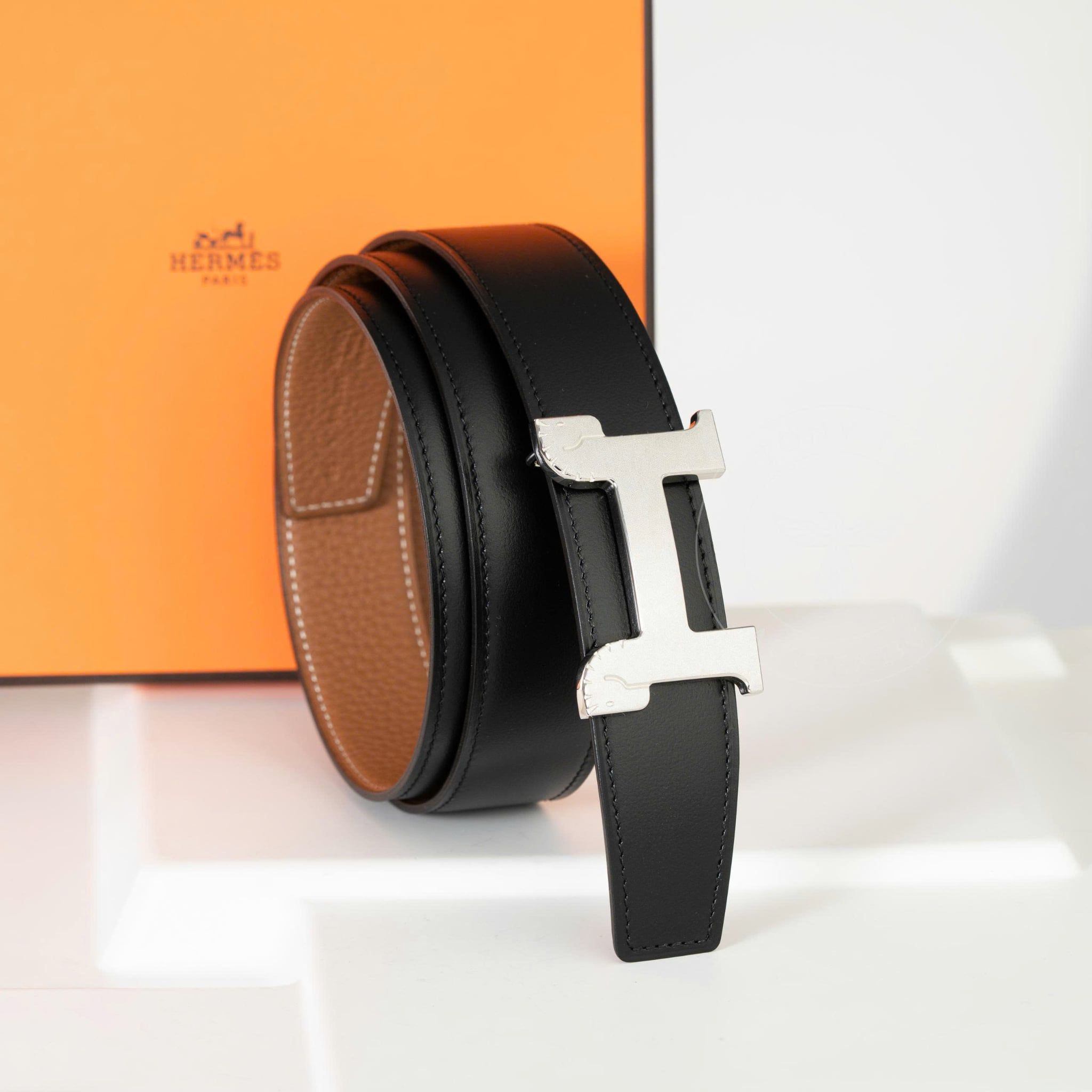 Thắt lưng Hermès H Pair Horse in Matte Palladium - Togo/Boxcalf (Đen/Gold) size 85