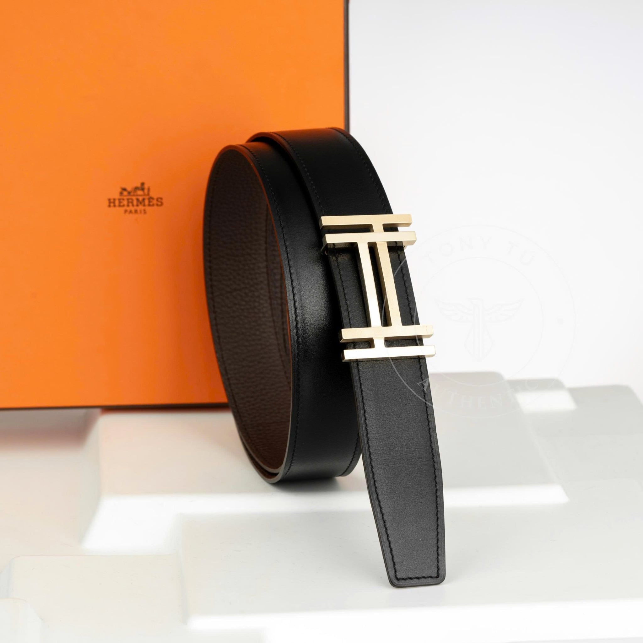Thắt lưng Hermès H au Carré - Box Calf/Togo (Đen/Nâu) size 85