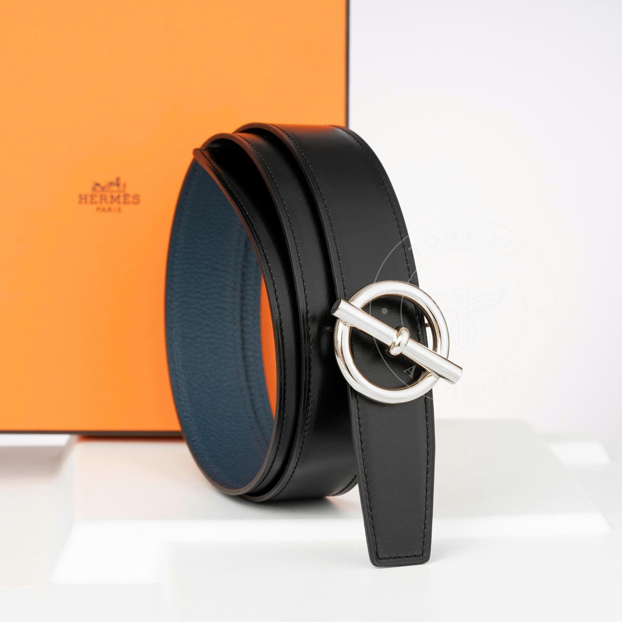 Thắt lưng Hermès Golden Glenan - Togo/Boxcalf (Đen/Xanh Navy) size 90