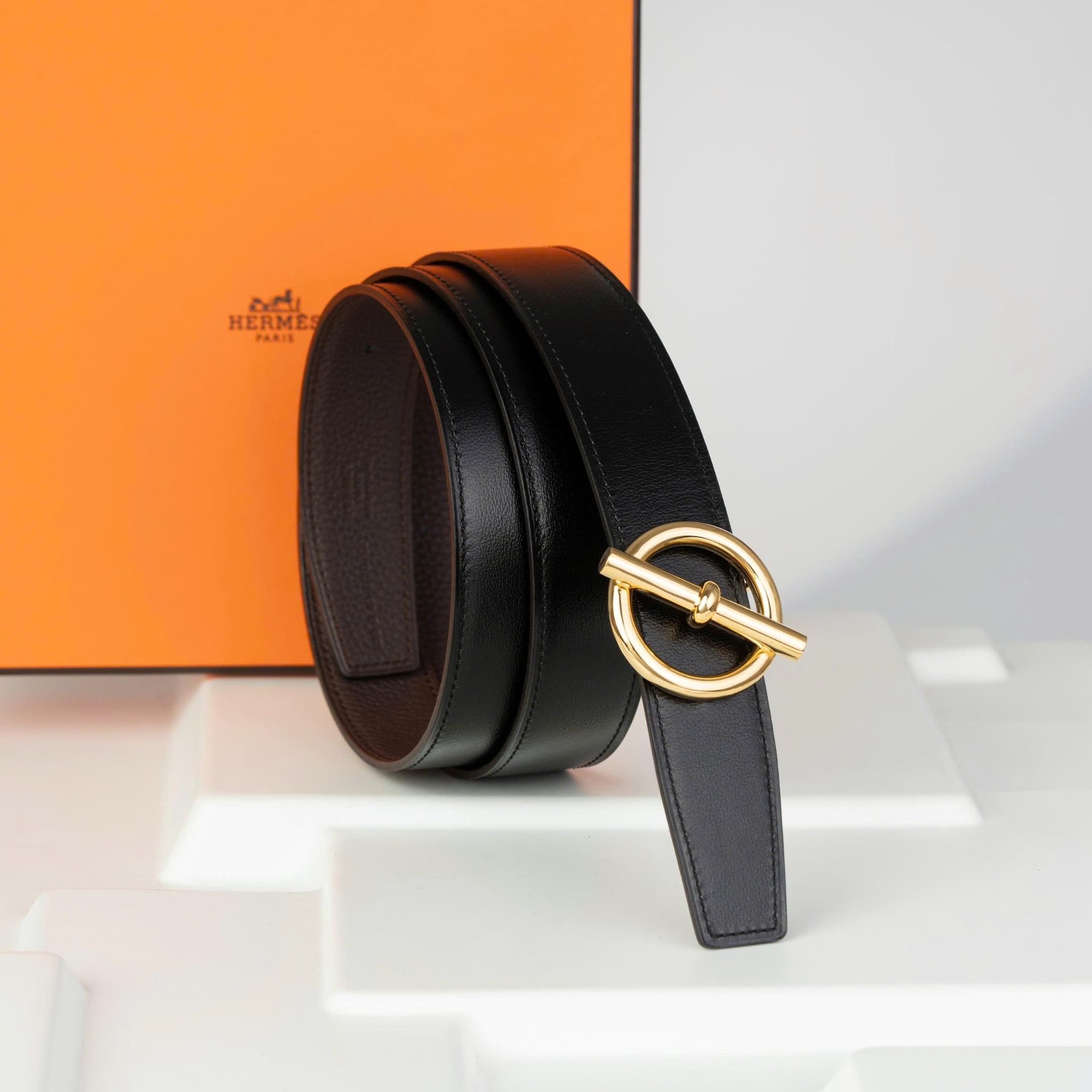 Thắt lưng Hermès Golden Glenan - Box Calf/Togo (Đen/Nâu) size 100
