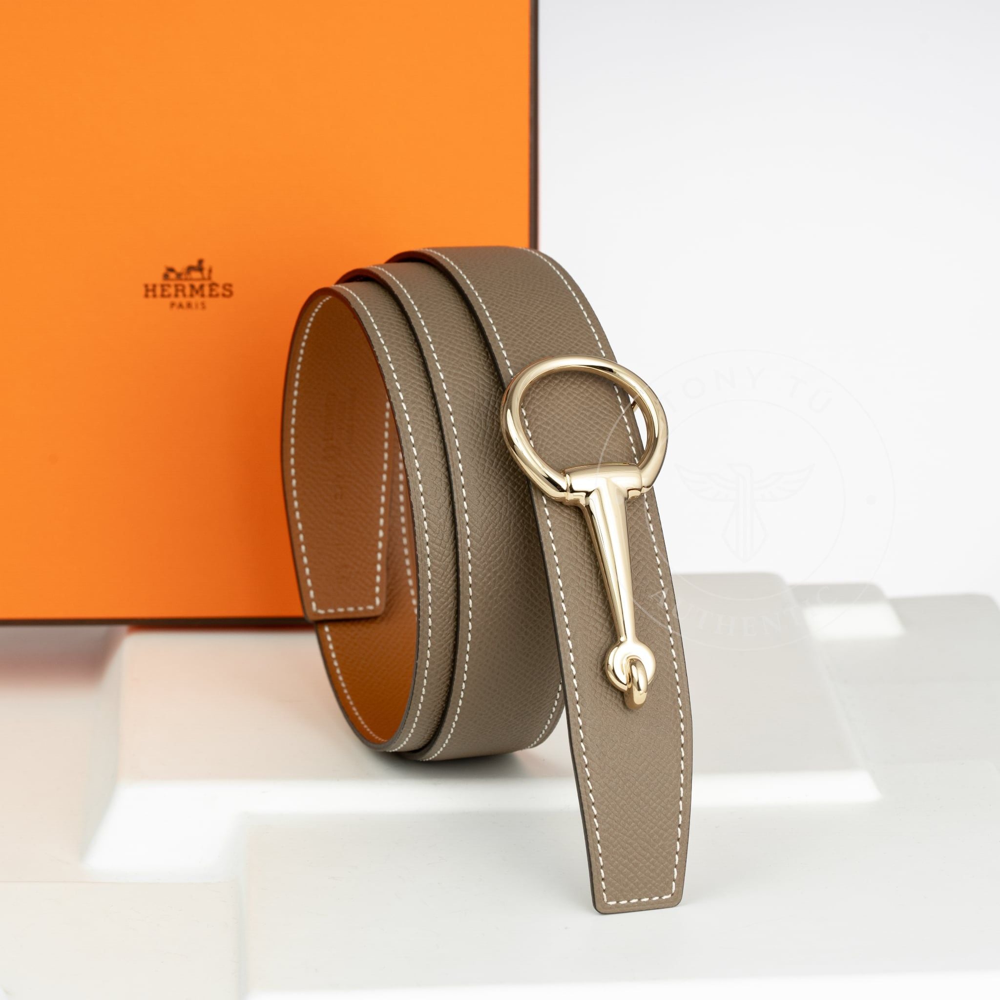 Thắt lưng Hermès Casaque Reversible Epsom (Xám/Gold) size 95