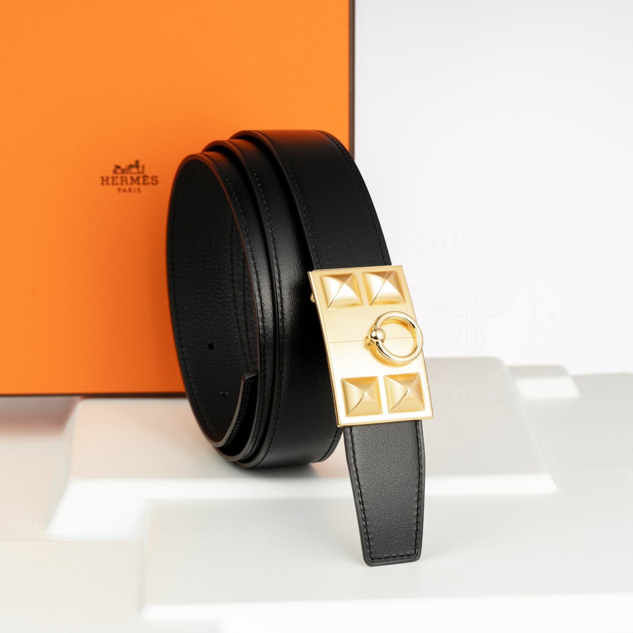 Thắt lưng Hermès Collier Golden De Chien Boxcalf/Togo size 115 (Đen)