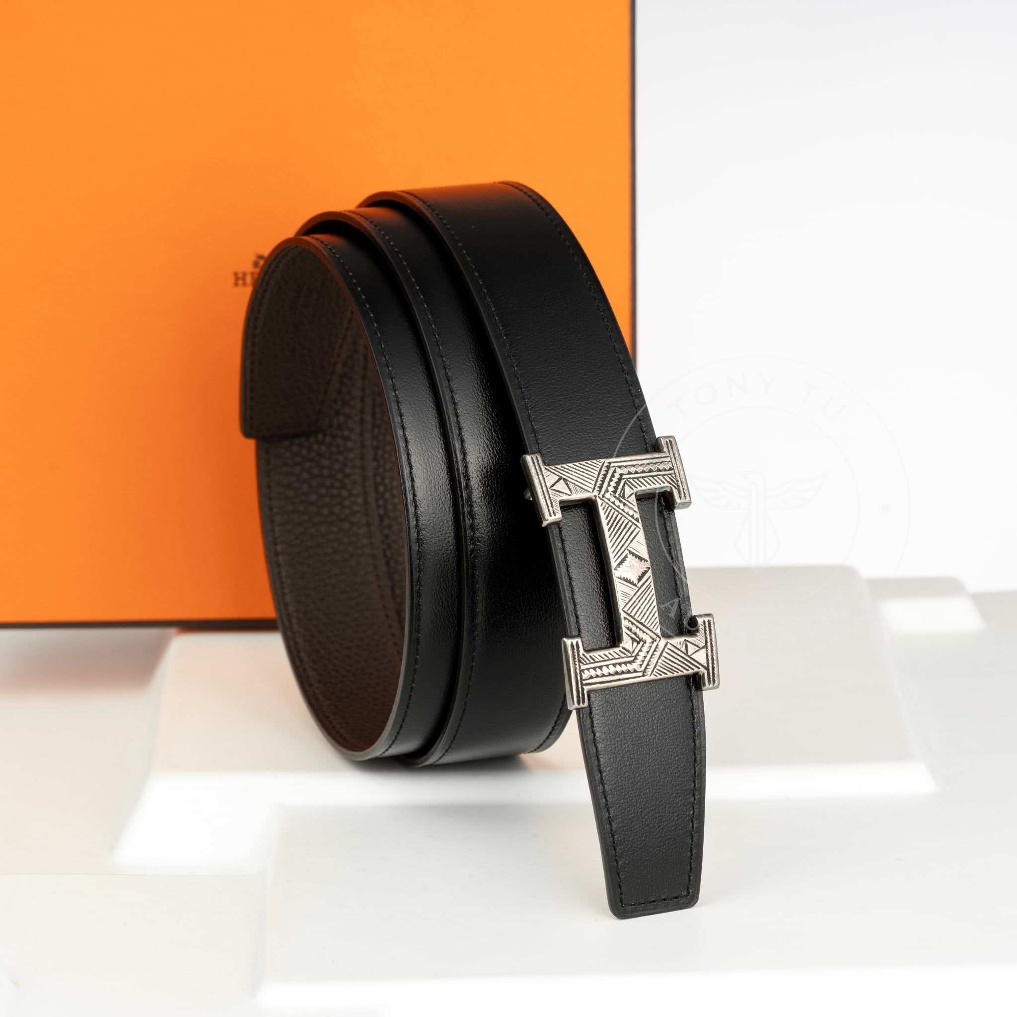 Thắt lưng Hermès H Touareg Silver - Togo/Boxcalf (Đen/Nâu) size 100