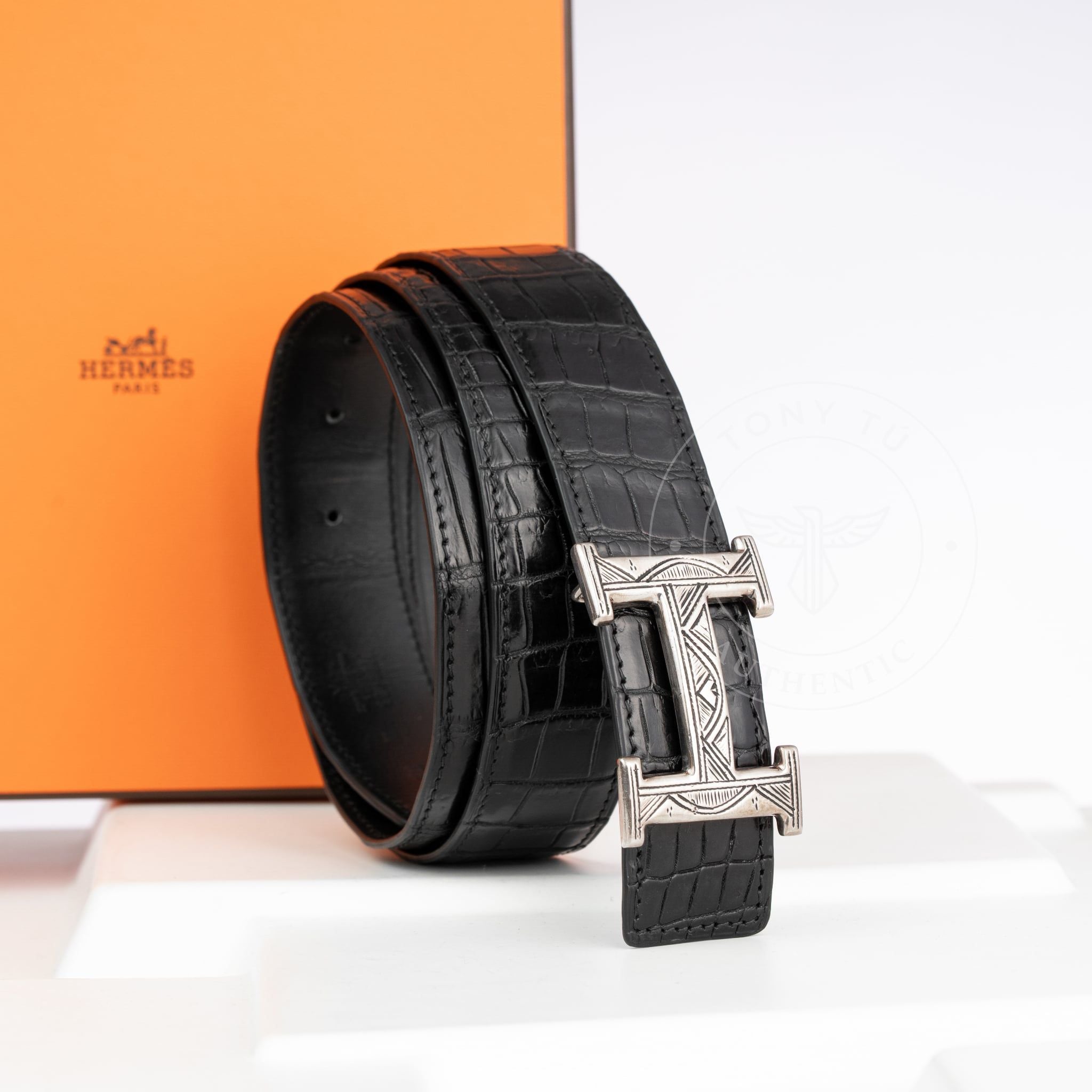Thắt lưng Hermès H Touareg Crocodile (Đen) size 95
