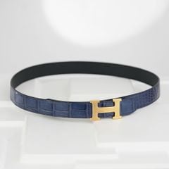 Thắt lưng Hermès H Guillochée Indigo Crocodile (Xanh Tím) size (95-100)