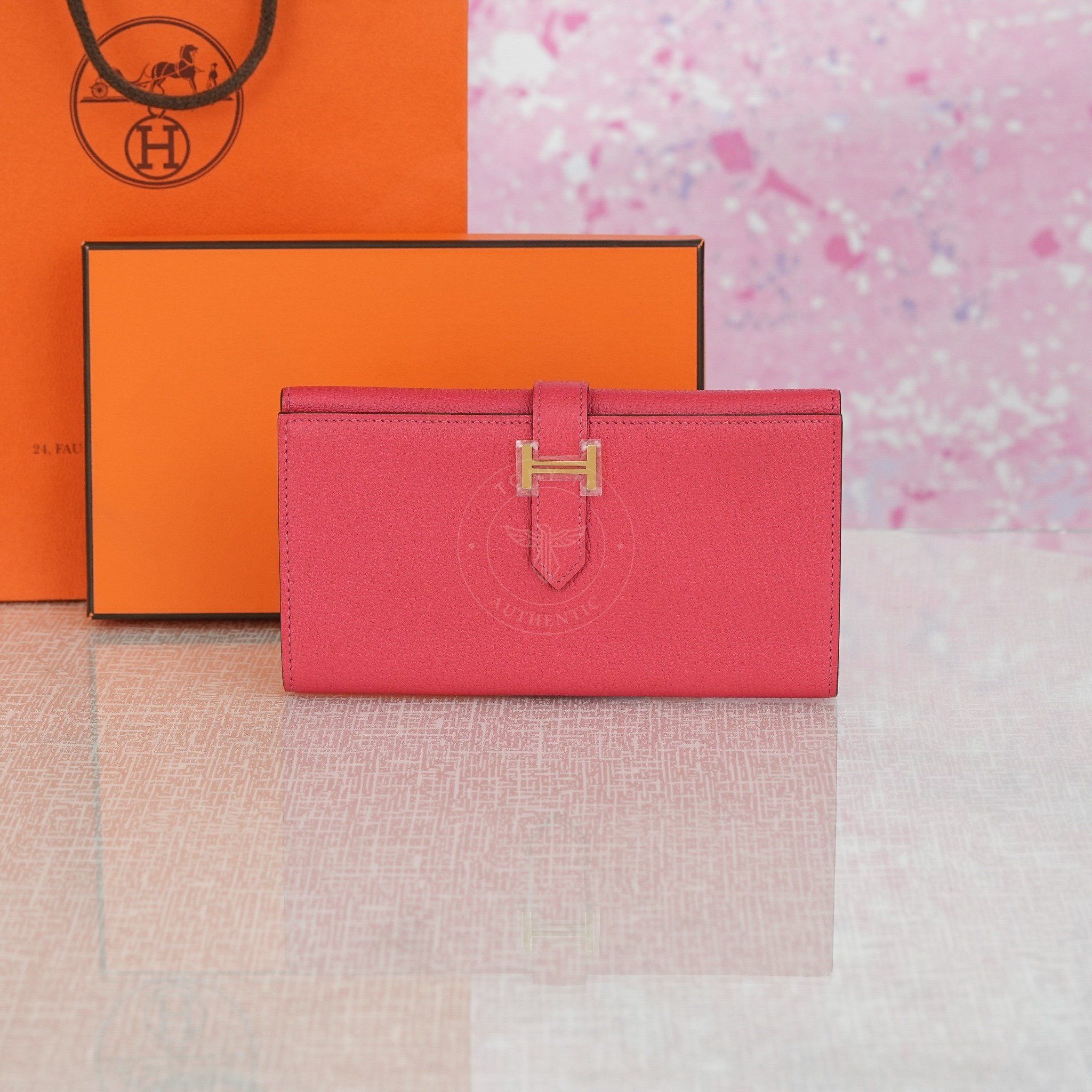 Ví dài Hermès Bearn Bifold Rose Jaipur Chèvre Mysore