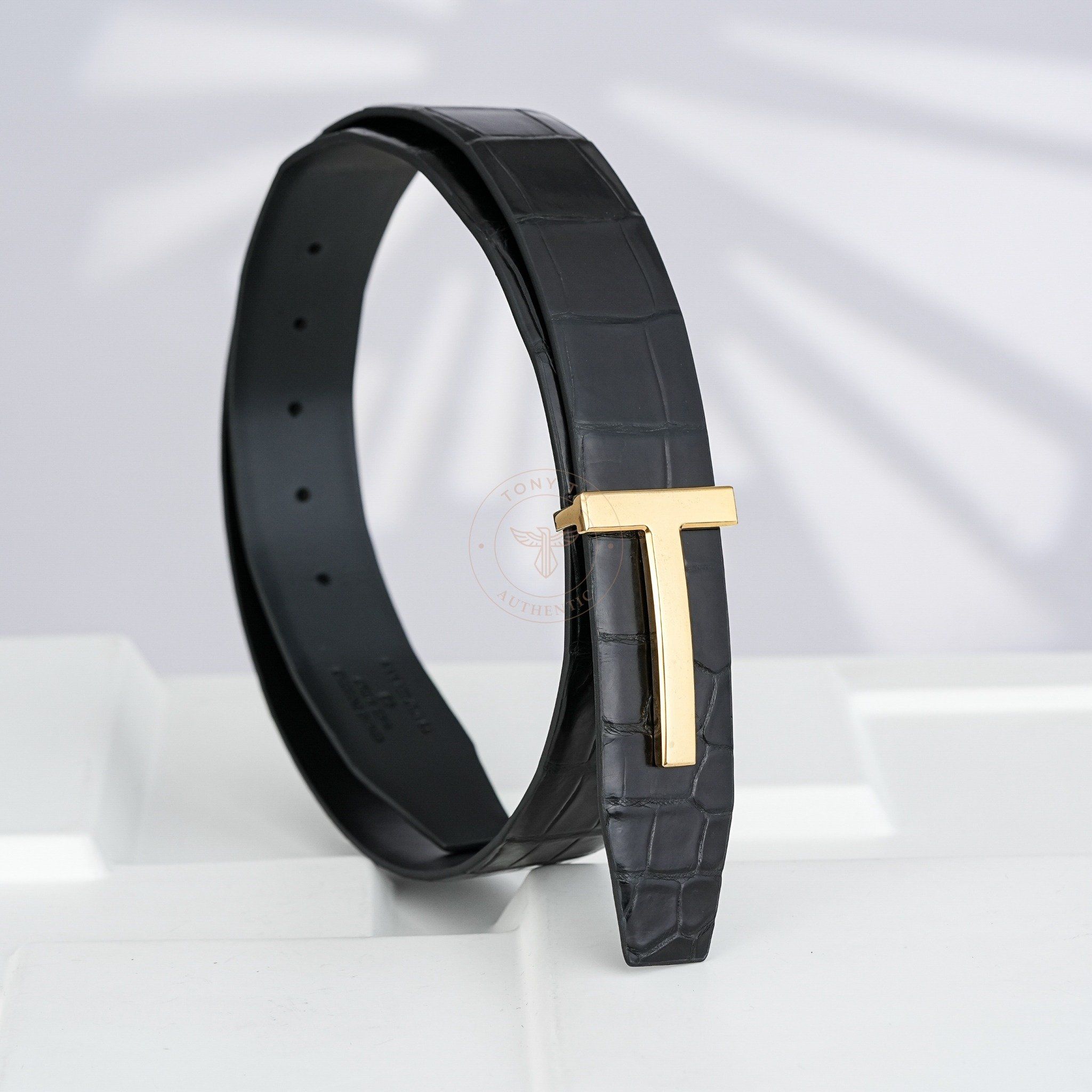 Thắt lưng Tom Ford Crocodile “T” Signature (Vàng) size 95