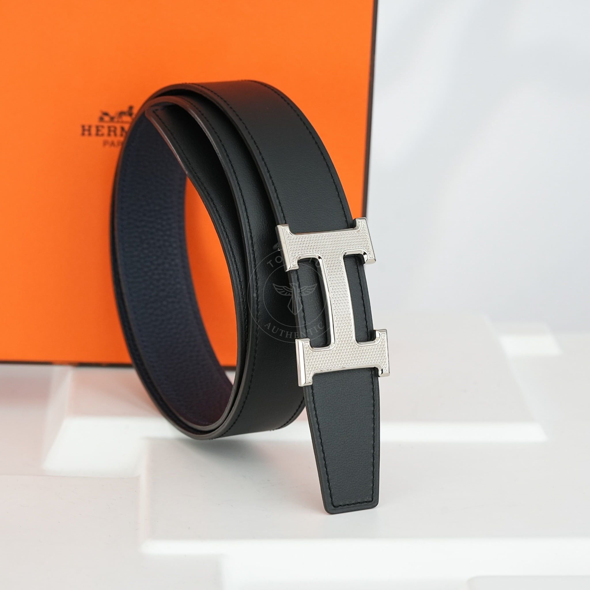 Thắt lưng Hermes H Guillochée Palladium Reversible Swift/Togo size 85