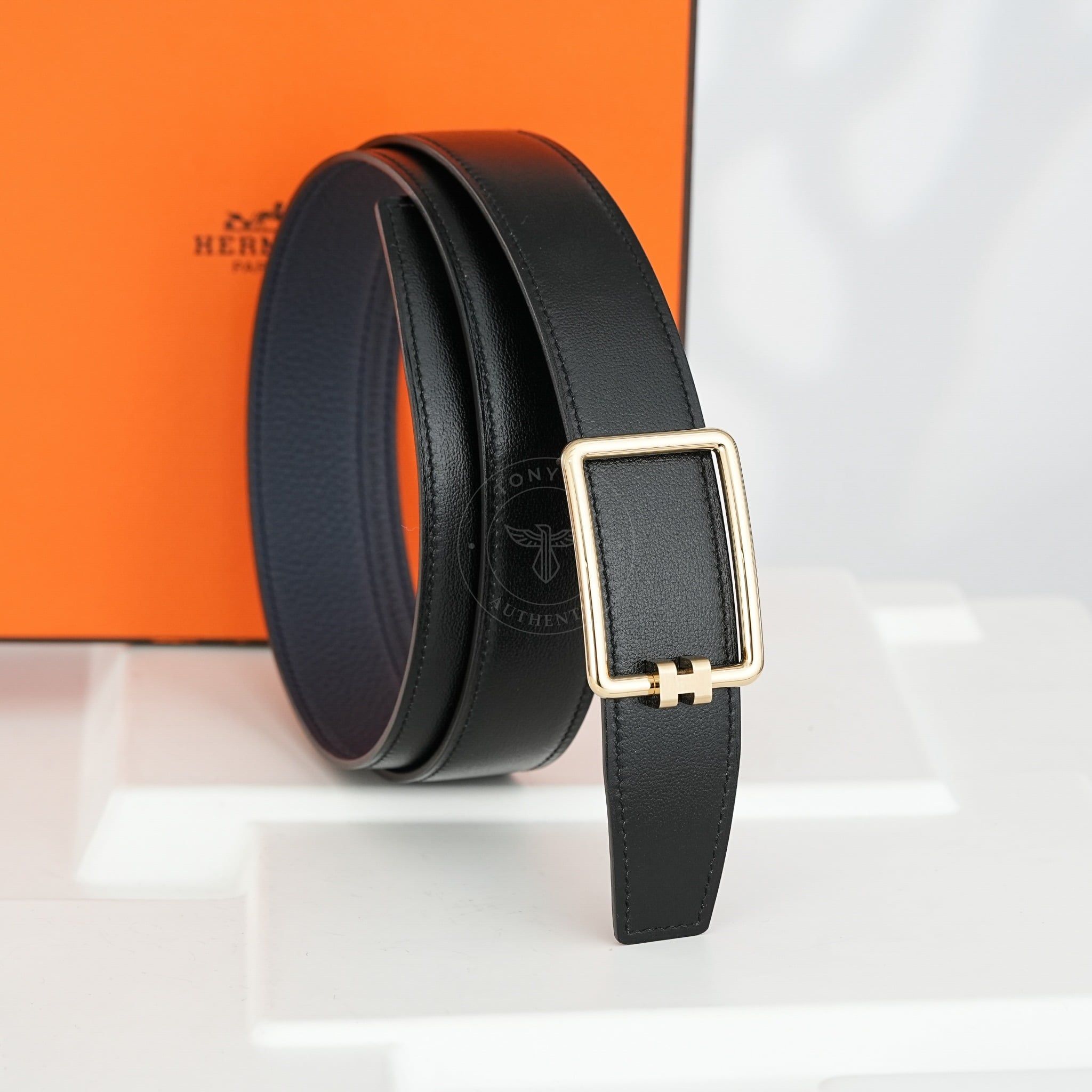 Thắt lưng Hermes H Buckle Reversible Boxcalf/Togo (Đen/Xanh Nuit) size 95