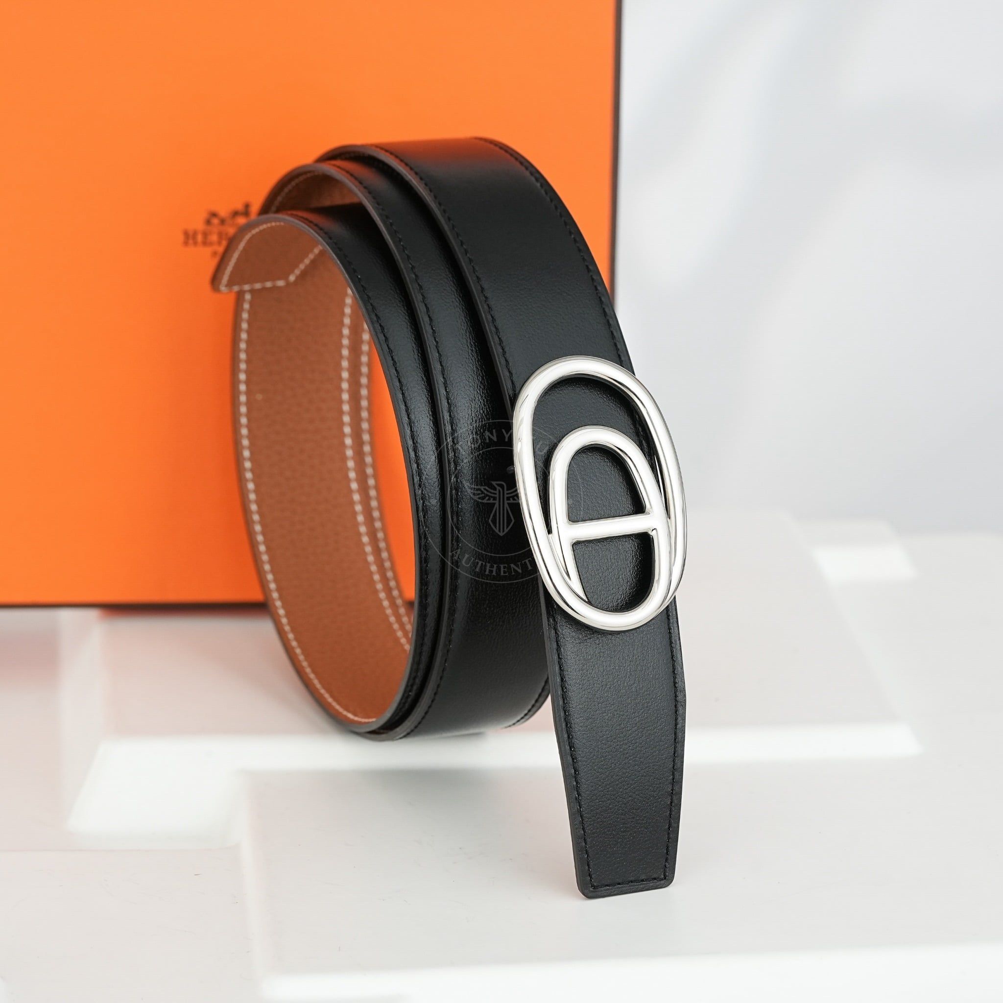 Thắt lưng Hermes Ovale Buckle Reversible Boxcalf/Togo (Đen/Nâu Gold) size 95