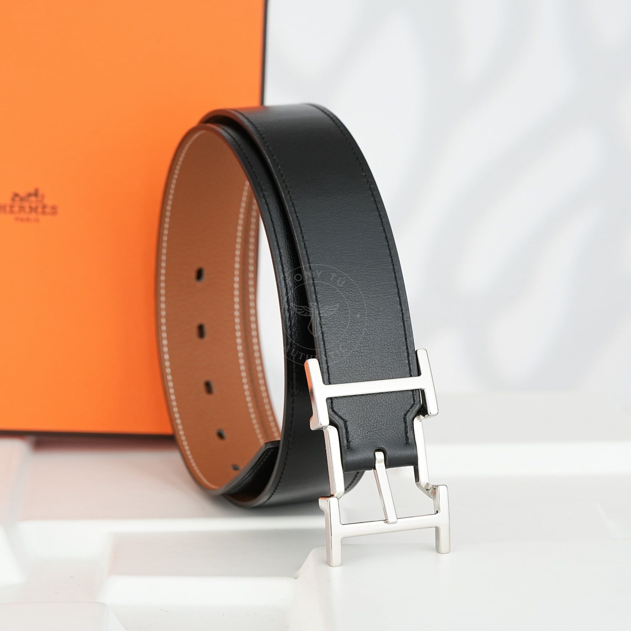 Thắt lưng Hermes Quentin Reversible Boxcalf/Togo (Đen/Nâu Gold) size 85