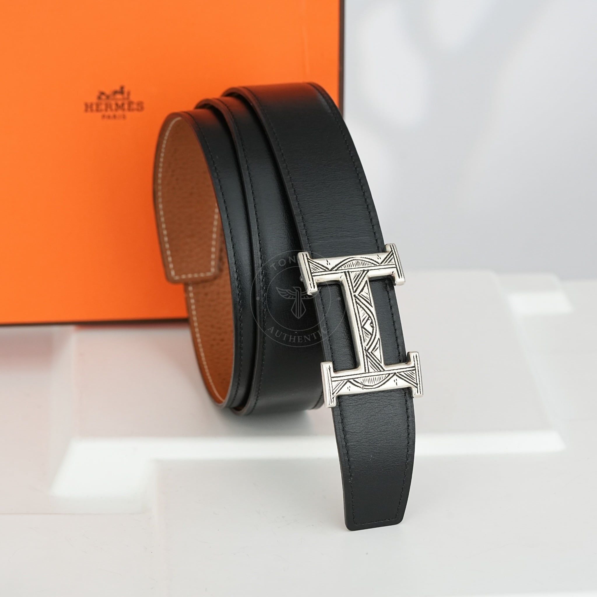 Thắt lưng Hermes H Toureg Silber Reversible Boxcalf/Togo (Đen/Nâu Gold) size 95