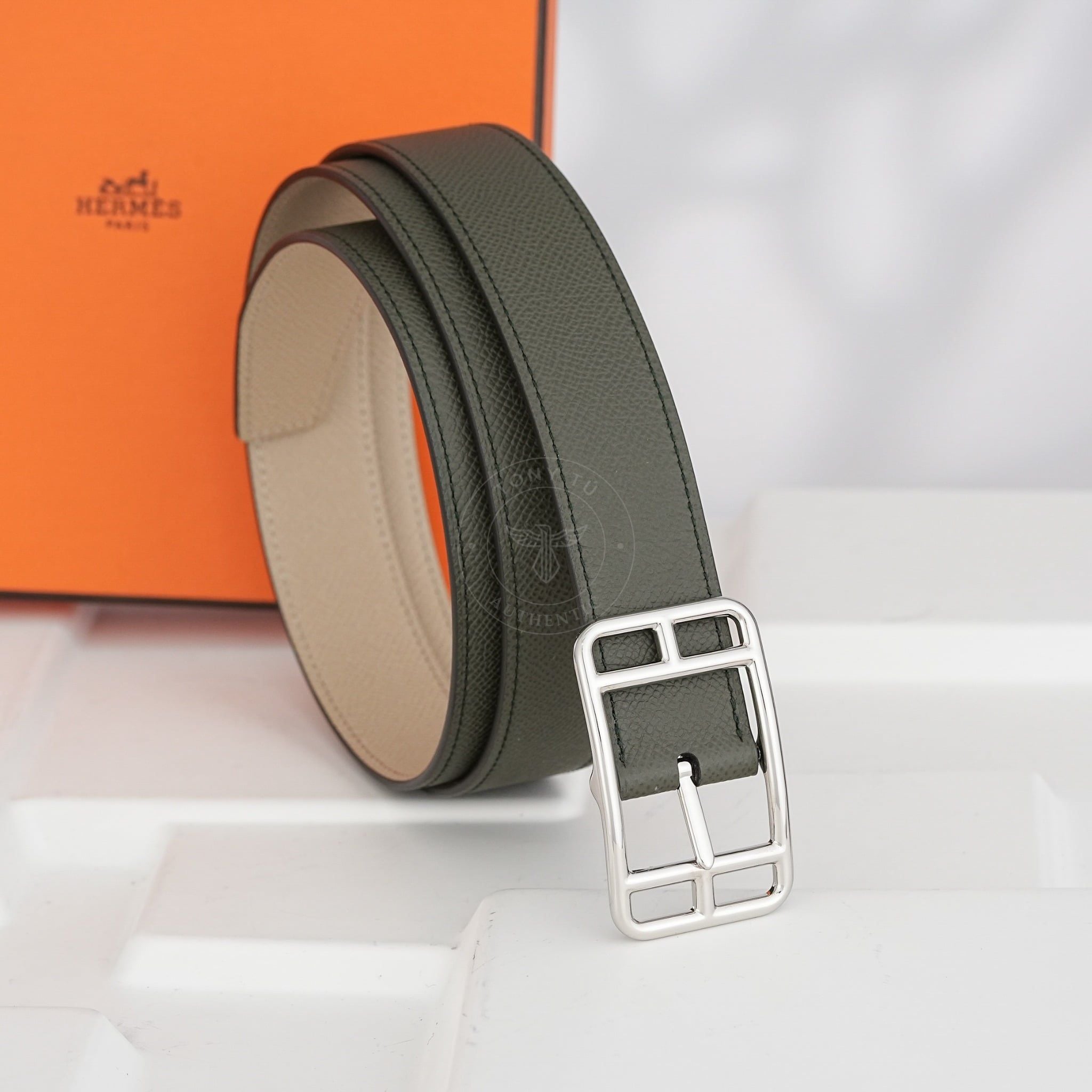 Thắt lưng Hermès Cape Cod Epsom (Xanh Xám/ Beige) size 100