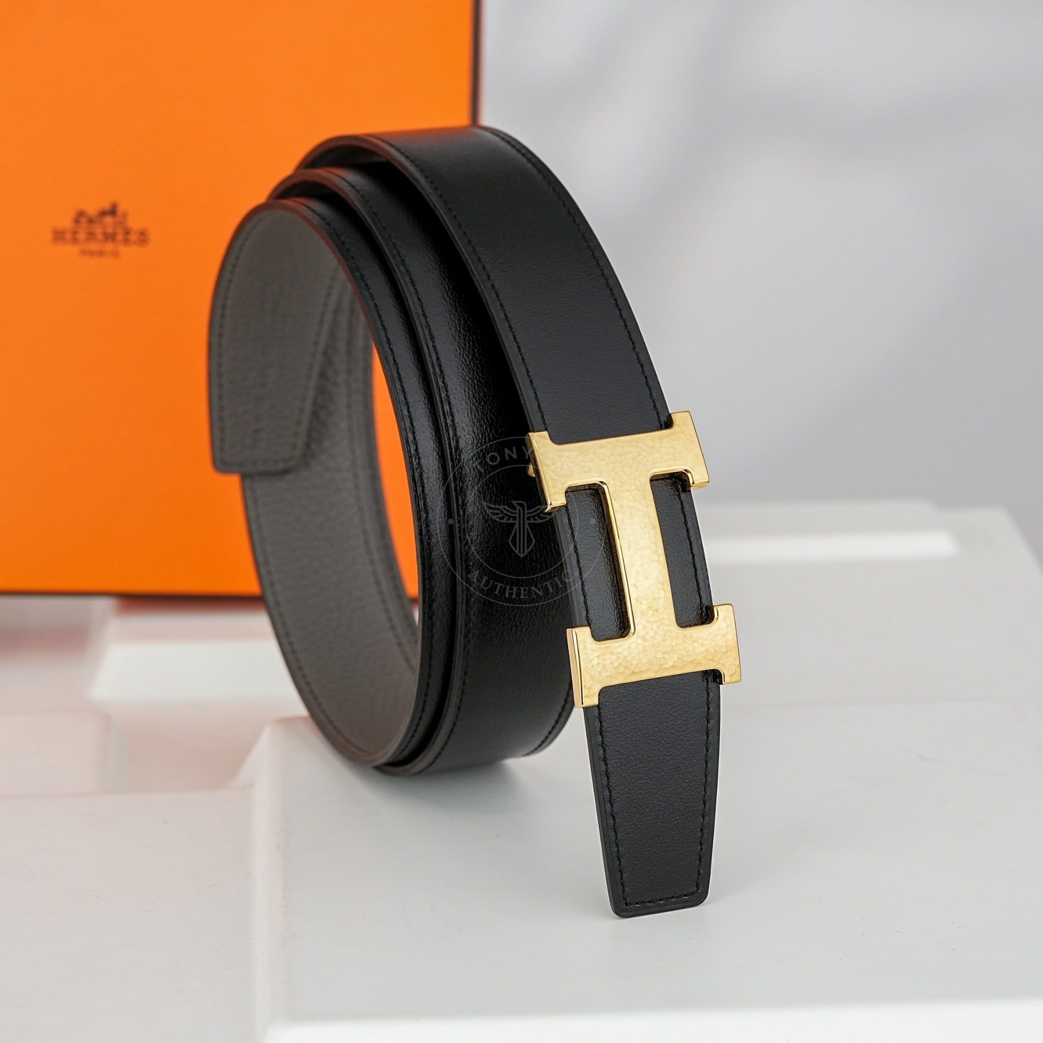 Thắt lưng Hermès H Martelee Buckle Reversible Boxcalf/Togo (Đen/Xám) size 105