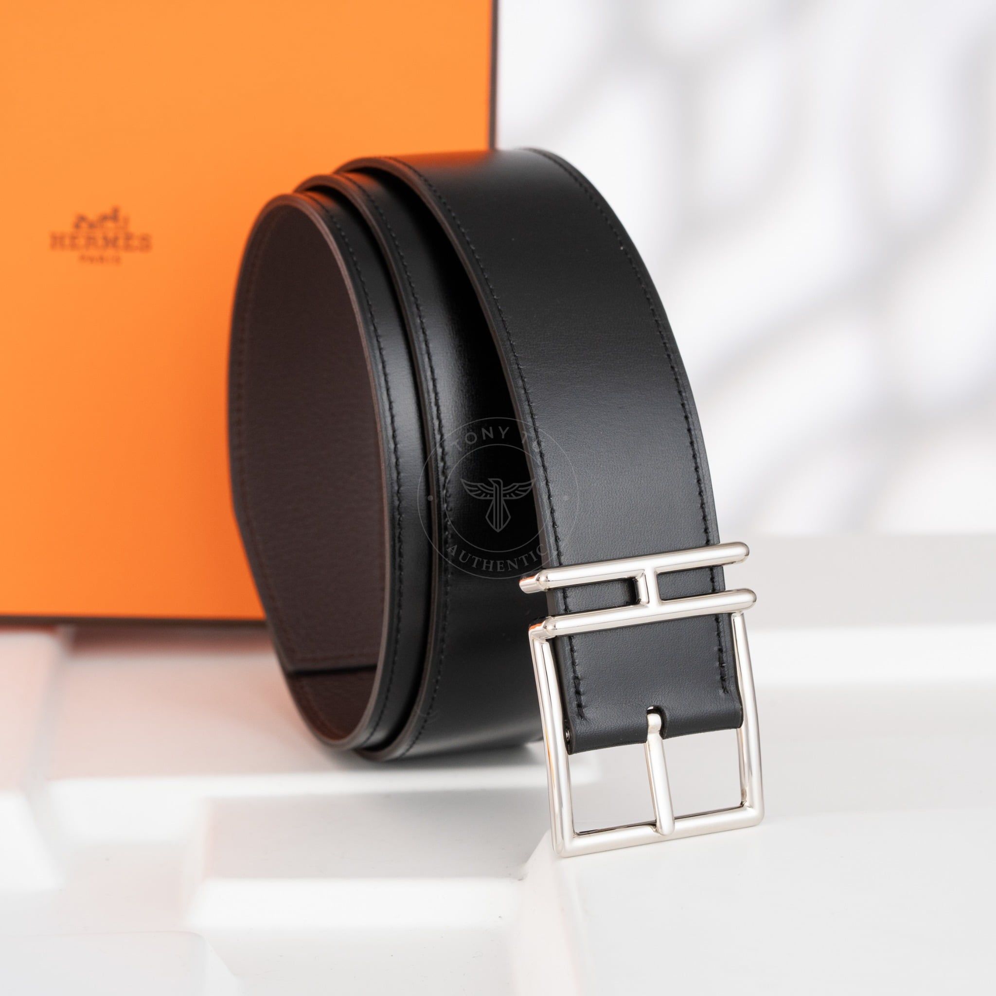 Thắt lưng Hermès Nathan Reversible Box Calf/Togo (Đen/Nâu) Size 100