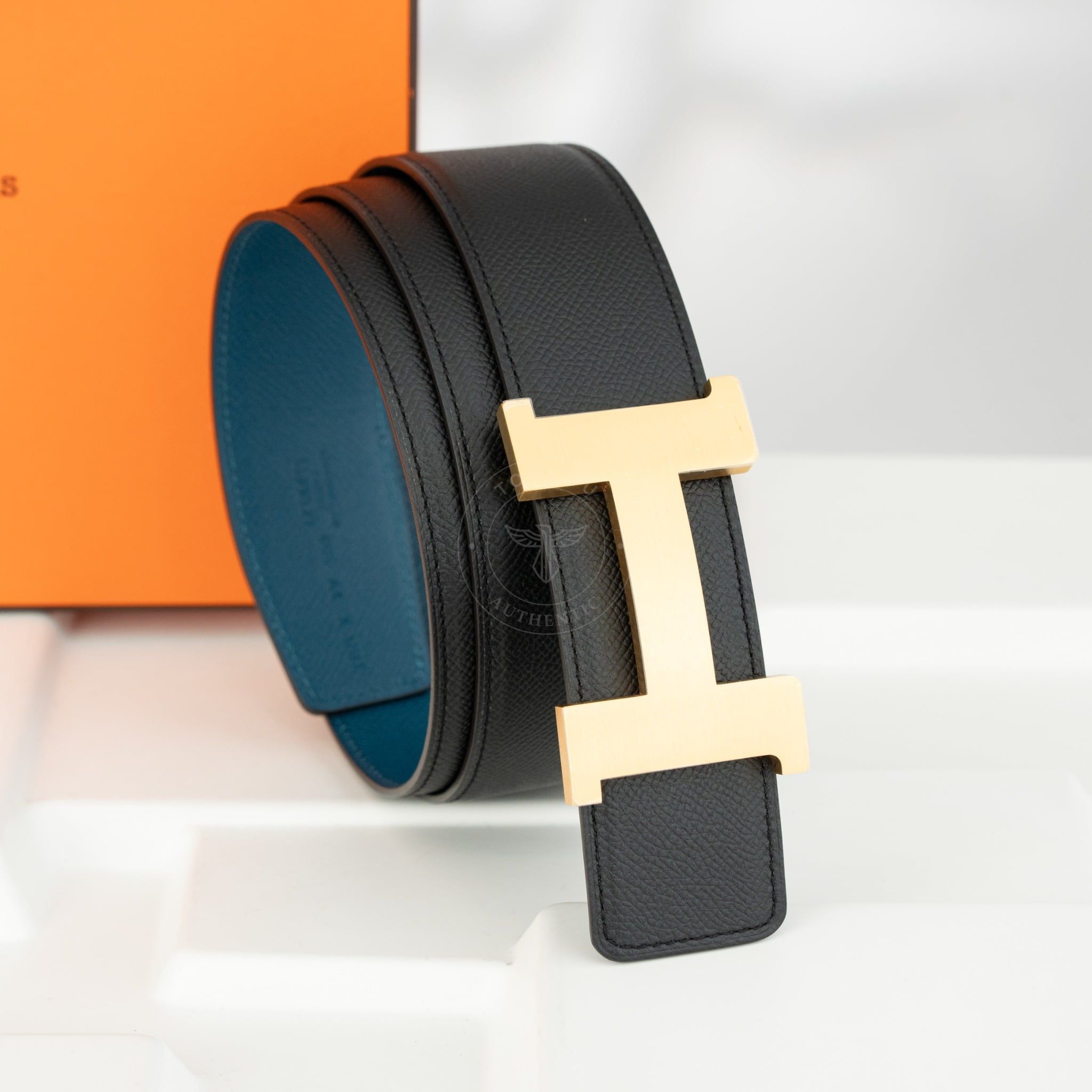 Thắt lưng Hermès H Buckle Reversible Gold Epsom (Xanh Navy/Đen) Size 100