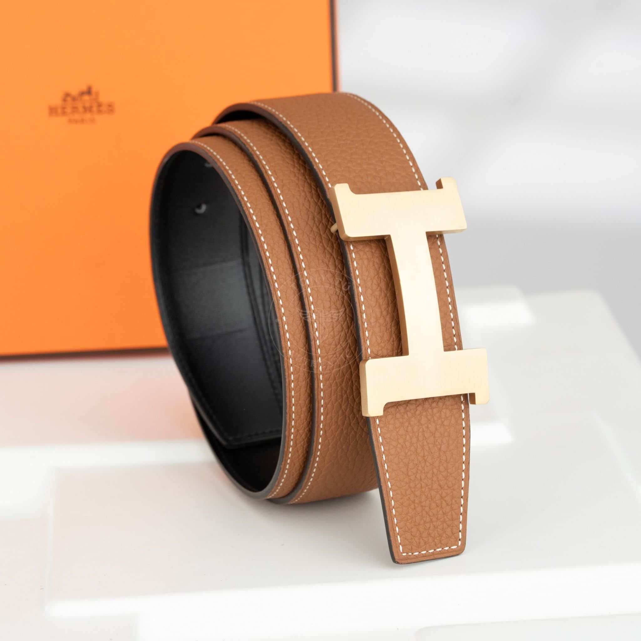 Thắt lưng Hermes H Constance Boxcalf/Togo size 95 (Đen/Nâu Gold)