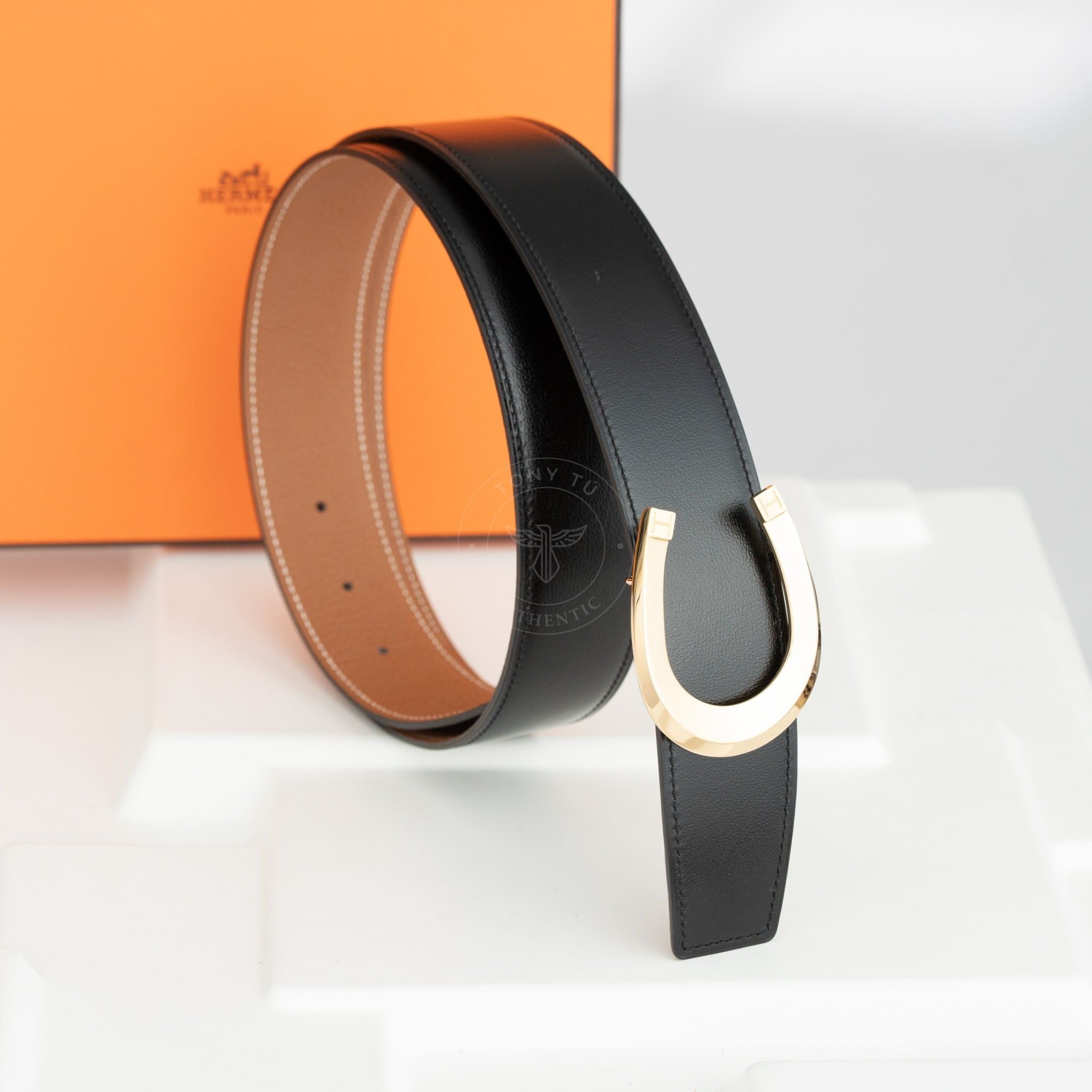 Thắt lưng Hermes H Luck Reversible Box Calf/Togo (Đen/Nâu Gold) Size 90