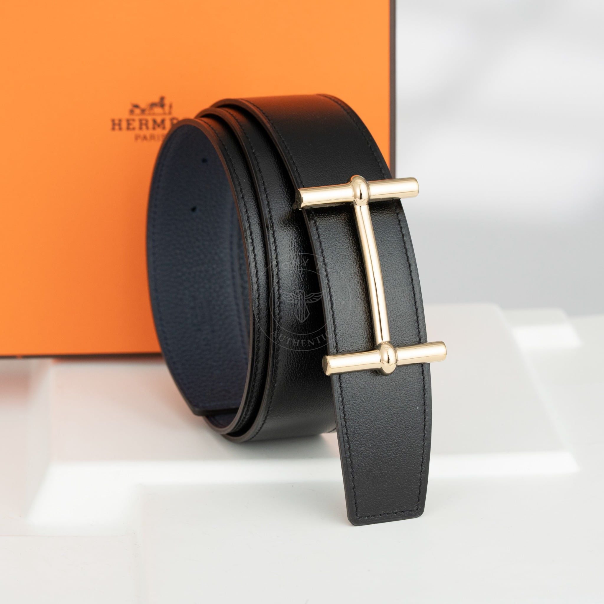 Thắt lưng Hermès H D'ancre Togo/Boxcalf (Đen/Blue Nuit) size 95