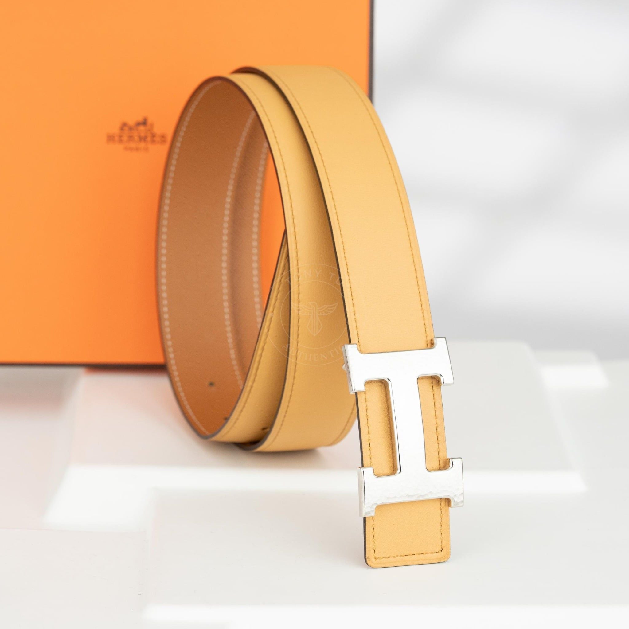 Thắt lưng Hermès H Martelée Reversible Epsom/Evercolor (Jaune Ambre/Nâu Gold) size 90