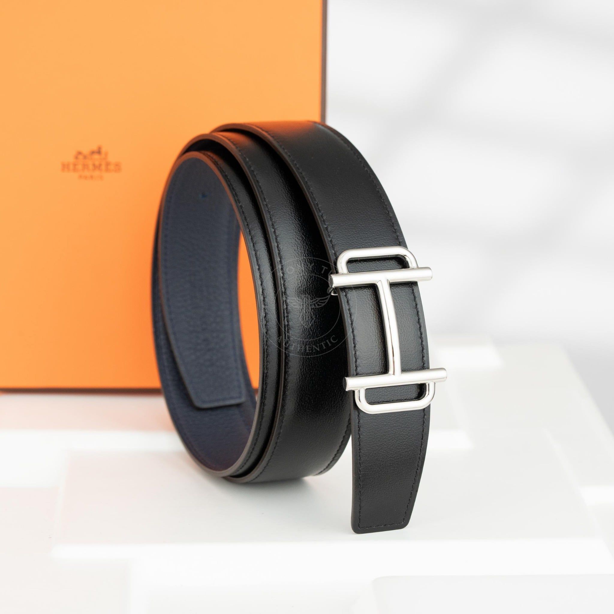 Thắt lưng Hermès Silver Royal Togo/Boxcalf (Đen/Blue Nuit) size 100