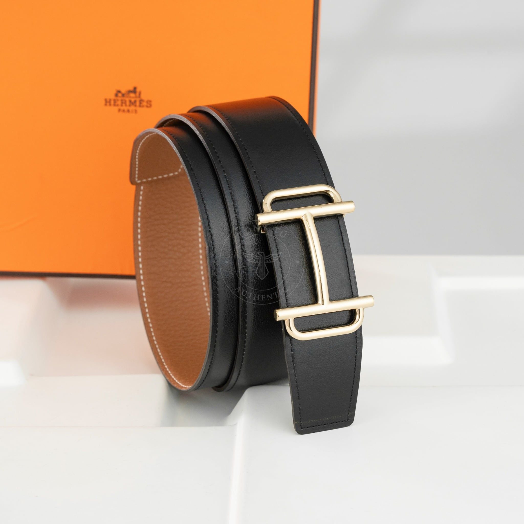 Thắt lưng Hermès Golden Royal Togo/Boxcalf (Đen/Nâu Gold) size 95