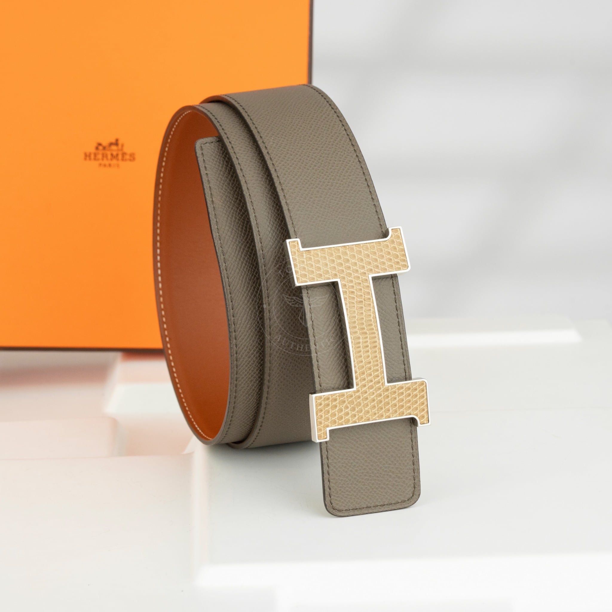 Thắt lưng Hermès H Constance Lizard Reversible Epsom/Boxcalf (Xám/Nâu Đỏ) (Limited) size 90