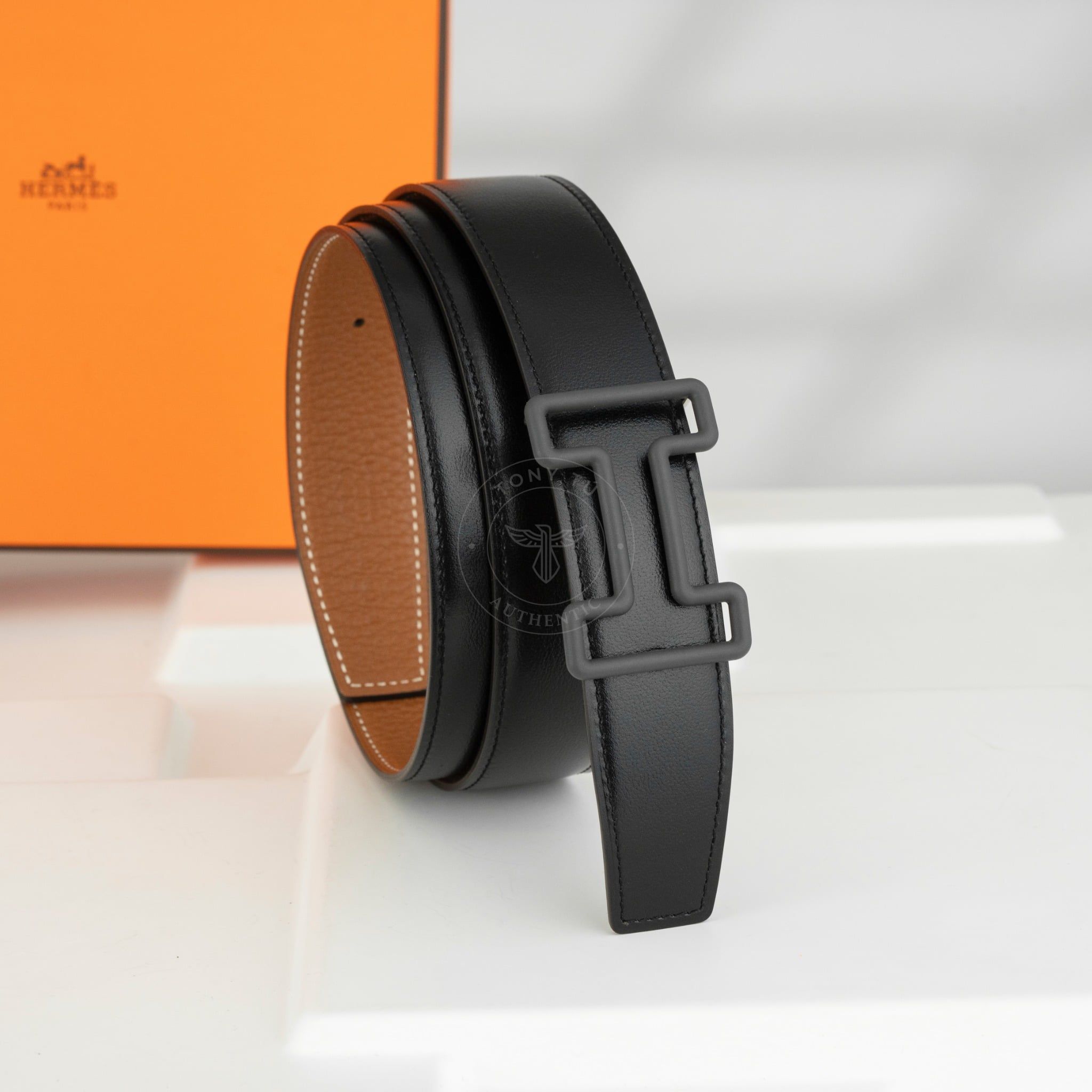 Thắt lưng Hermès Tonight Togo/Boxcalf (Đen/Nâu Gold) size 100