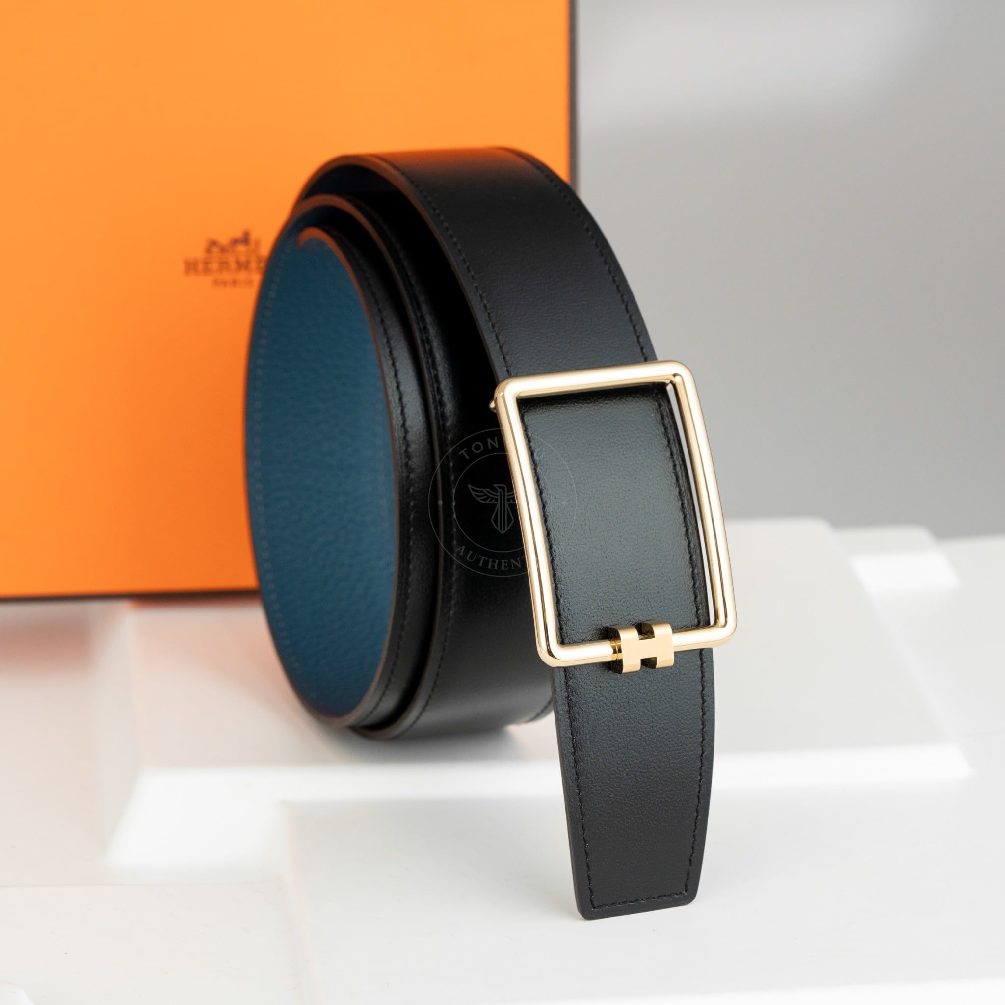 Thắt lưng Hermès H Tube Reversible Box Calf/Togo size 90 (Đen/Xanh Nuit)