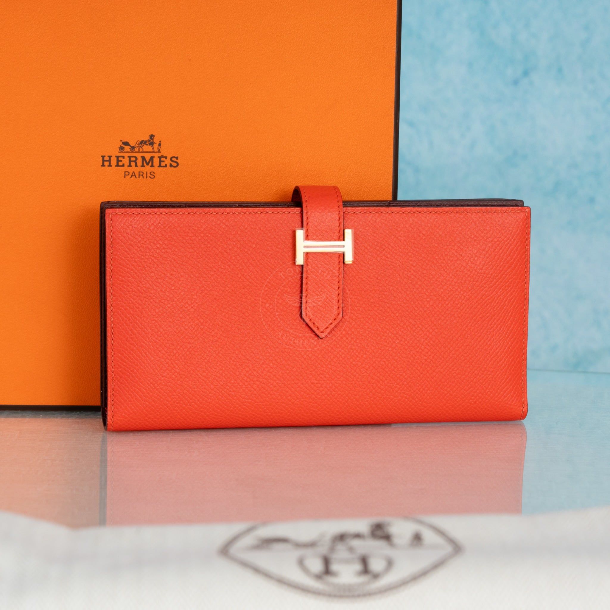 Ví dài Hermes Bearn Bifold Orange Field Epsom