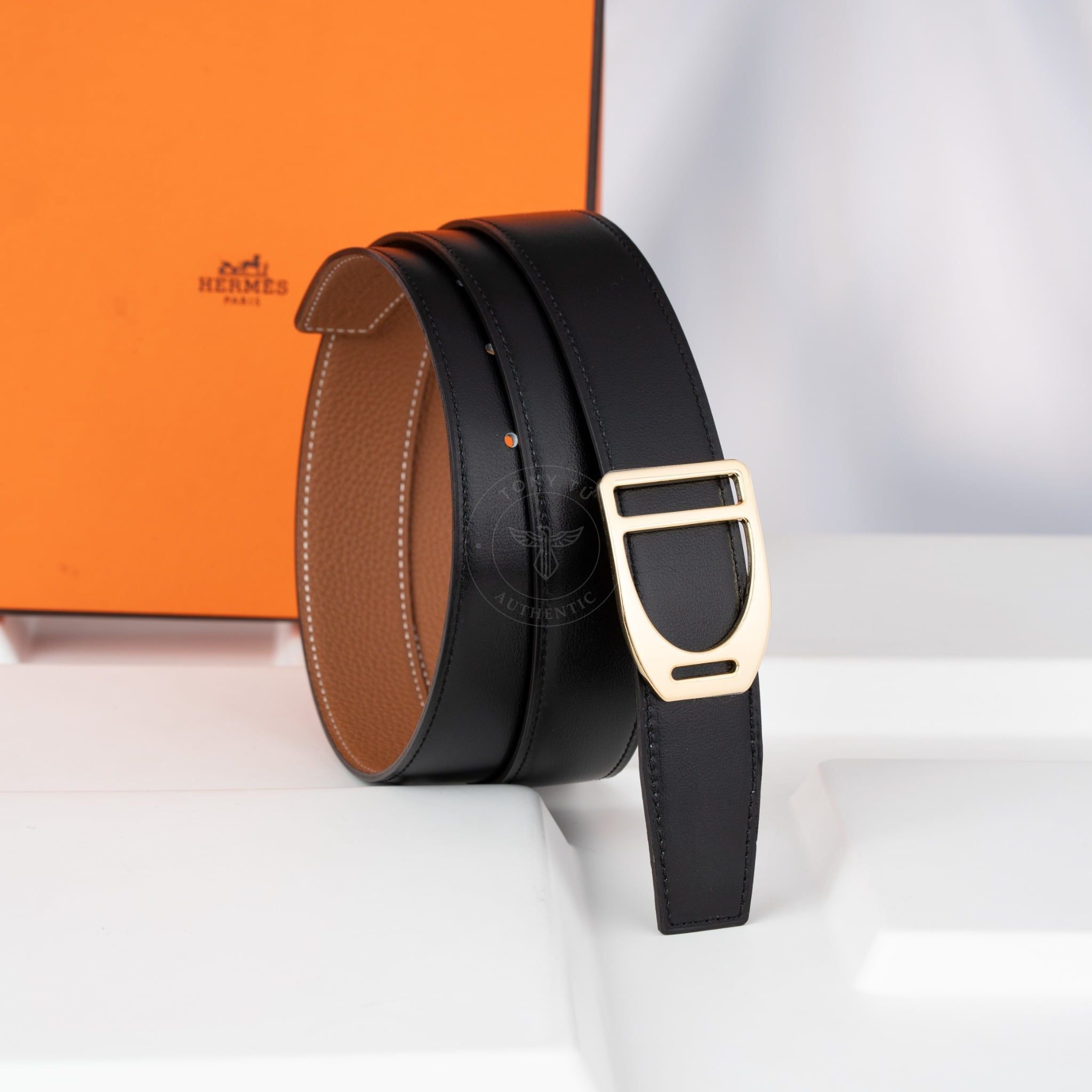 Thắt lưng Hermes Étrier Reversible Boxcalf/Togo (Đen/Nâu Gold) size 115