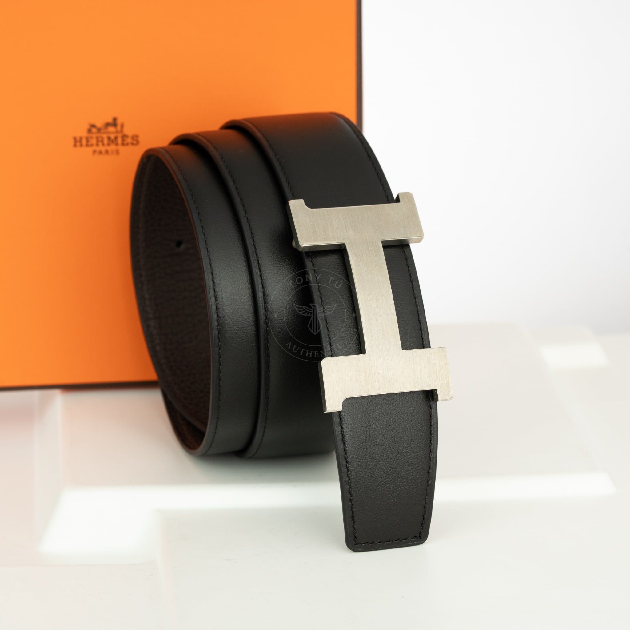 Thắt lưng Hermès H Constance Boxcalf/Togo size 90 (Đen/Nâu)