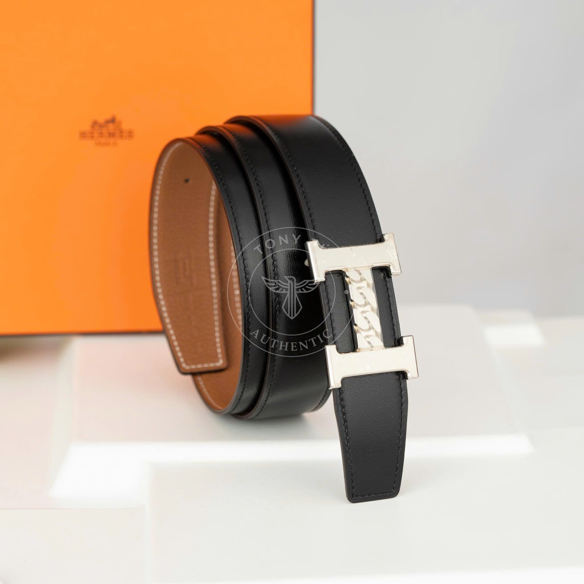 Thắt lưng Hermès Buckle H Curb in Silver Palladium Togo/Boxcalf size 95