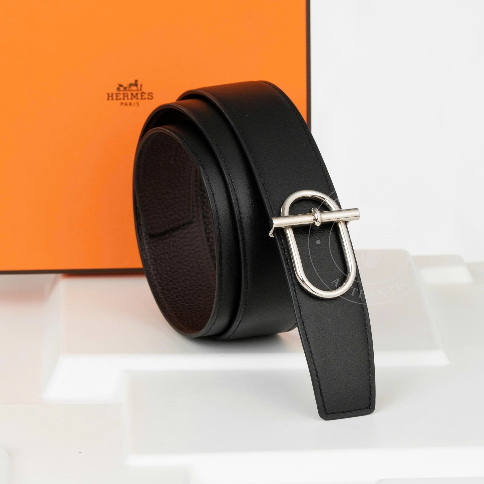 Thắt lưng Hermès H Ithaque Silver Reversible Box Calf/Togo (Đen) size 90