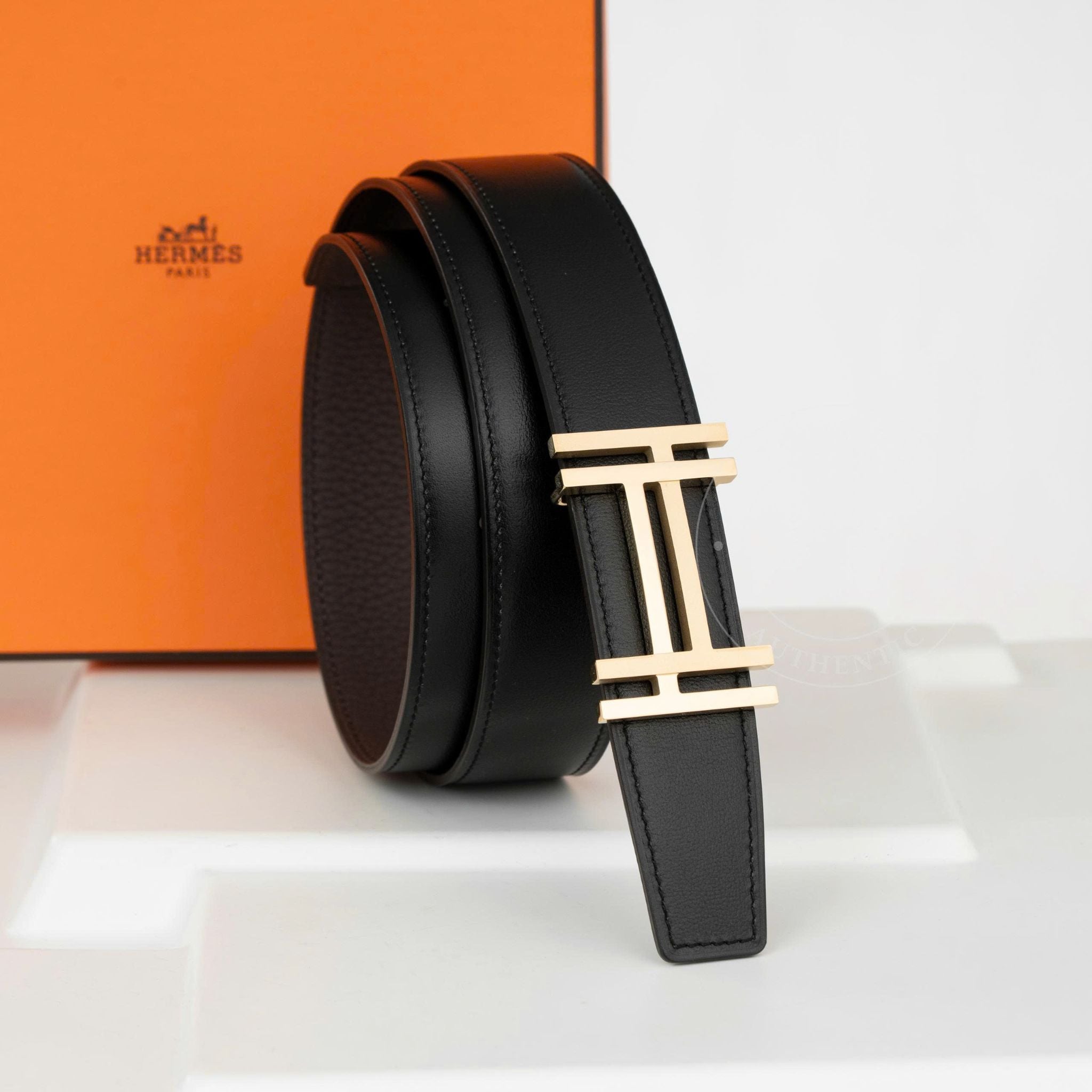 Thắt lưng Hermès H au Carré in Golden Palladium Togo/Boxcalf size 90 (Đen/Nâu)