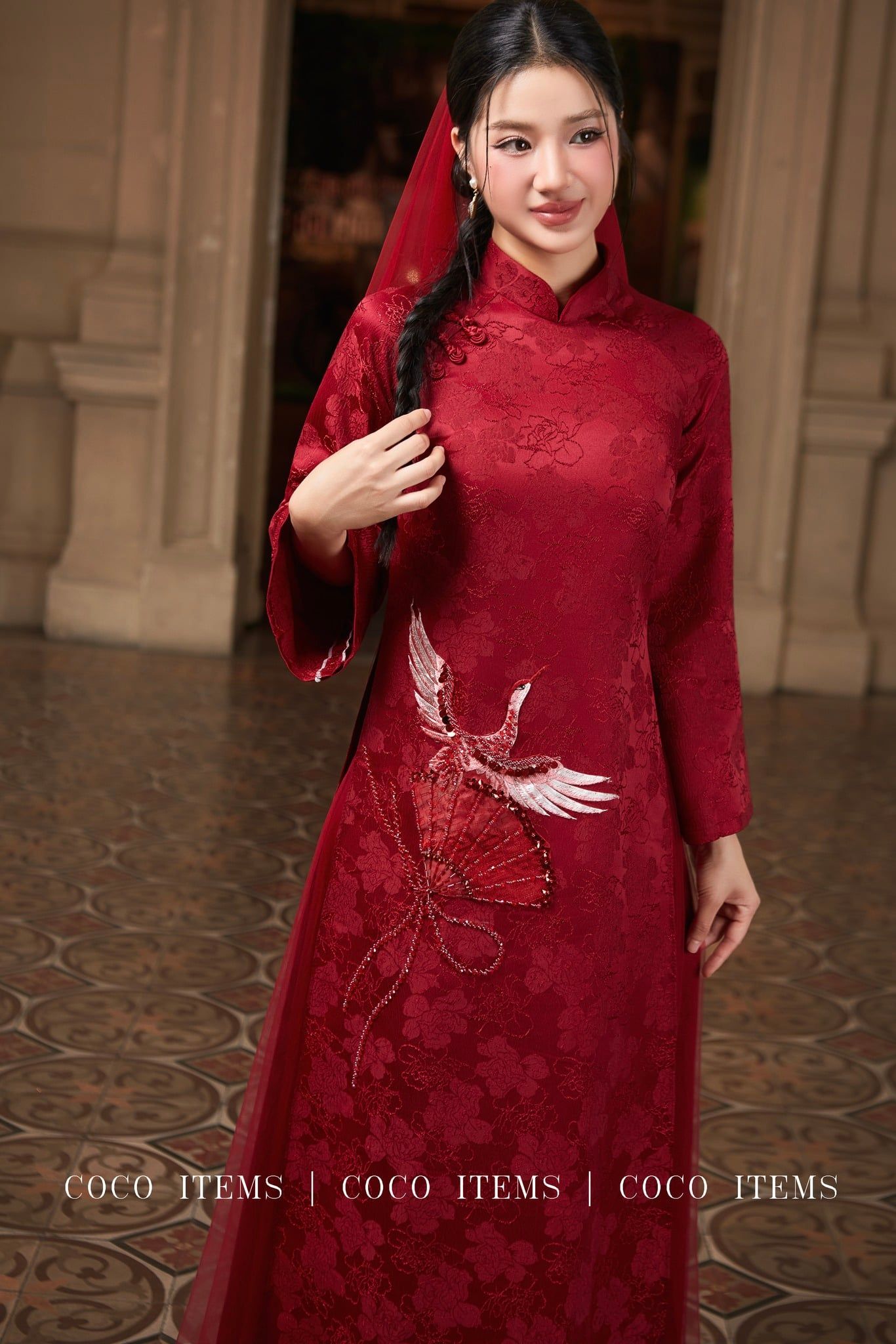 Áo Dài Cưới Nữ Gấm Nổi Thêu Hạc COCO DRESS