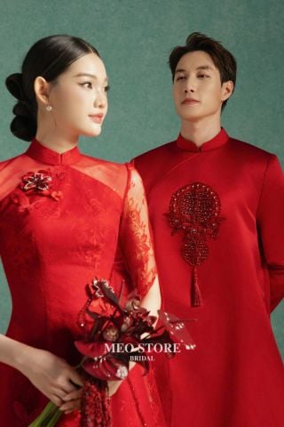 Cặp Áo Dài Nam Nữ Ren Đan Hỷ MEOSTORE
