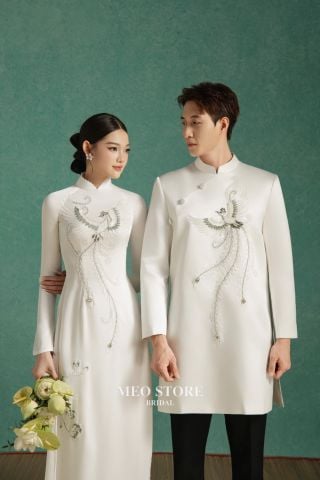 Cặp Áo Dài Nam Nữ Đính Kết Phượng MEOSTORE