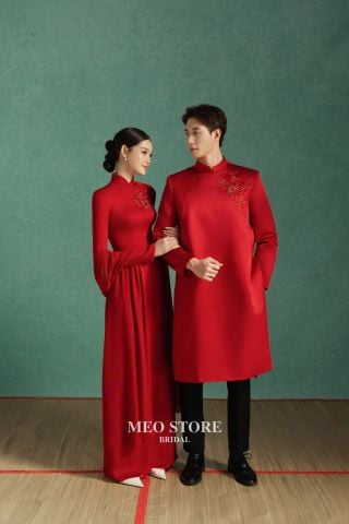 Cặp Áo Dài Nam Nữ Tơ Tằm Đính Kết MEOSTORE
