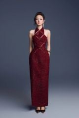 Đầm Maxi Dạ Hội Kẻ Caro Màu Đỏ Rượu Vang Khoét Eo KEIRA TONG