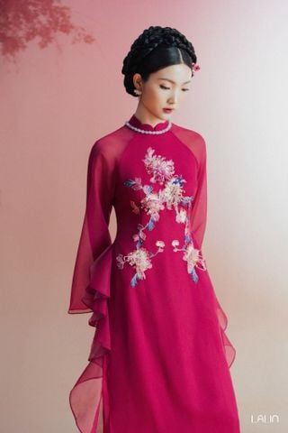 Áo Dài Tơ Đính Kết Cúc Thy LALIN