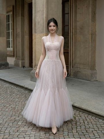 Đầm Midi Rose Whisper Phối Lưới Trễ Vai Mộng Mơ LOVELYN