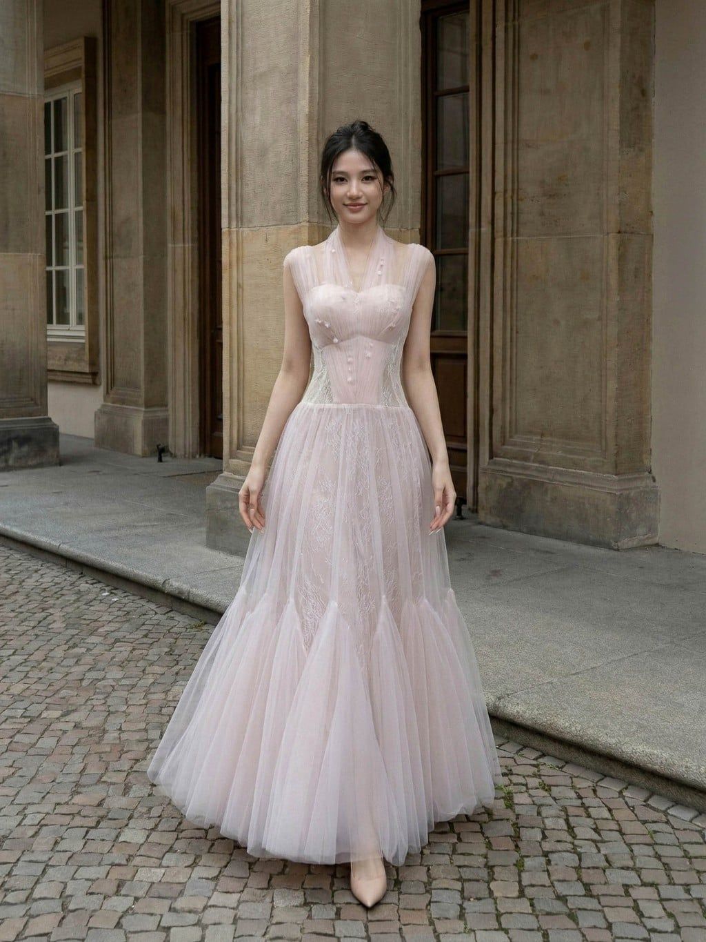 Đầm Midi Rose Whisper Phối Lưới Trễ Vai Mộng Mơ LOVELYN