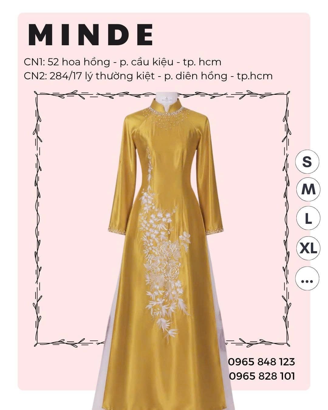 Áo Dài Bà Sui Màu Vàng Họa Tiết Thêu Hoa Trắng Dọc Thân MADAME ĐÀO THỊ