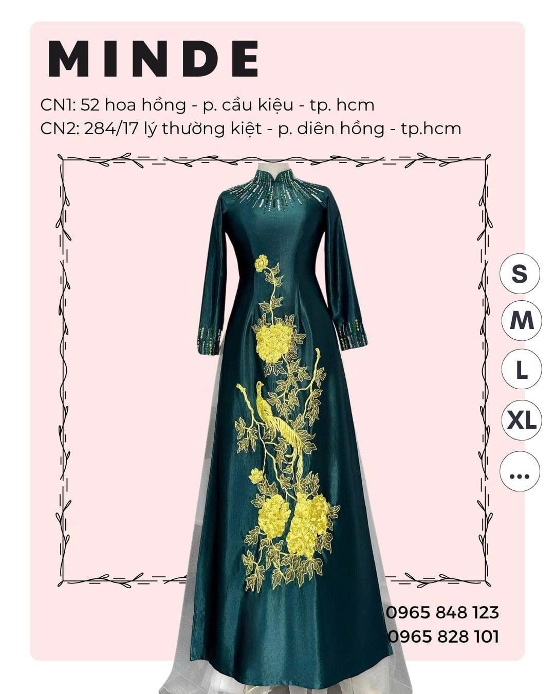 Áo Dài Xanh Lục Bảo Họa Tiết Chim Công Và Thêu Cườm Vàng Óng Ánh MADAME ĐÀO THỊ