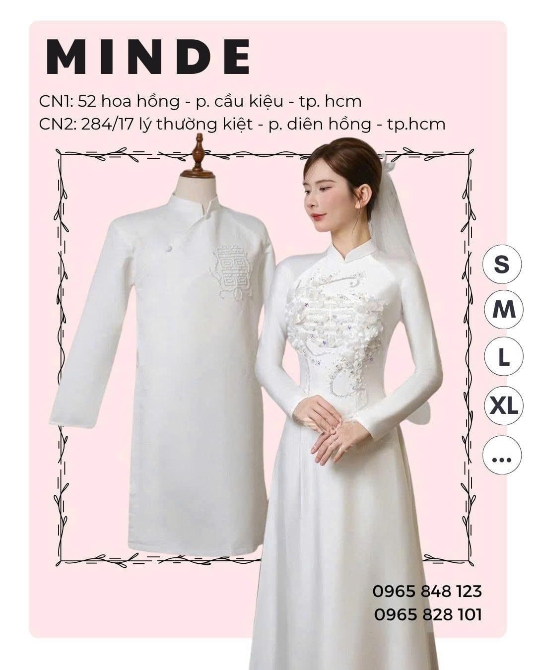 Cặp Áo Dài Cưới Màu Trắng Đính Kết Hoa Nổi MINCOS