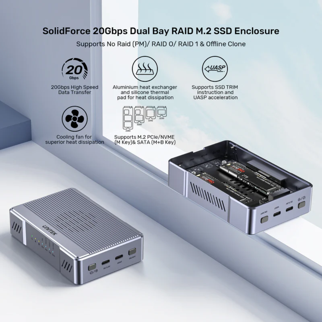 Hộp ổ cứng SSD M.2 2 khe RAID 20Gbps UNITEK S1247AGY01