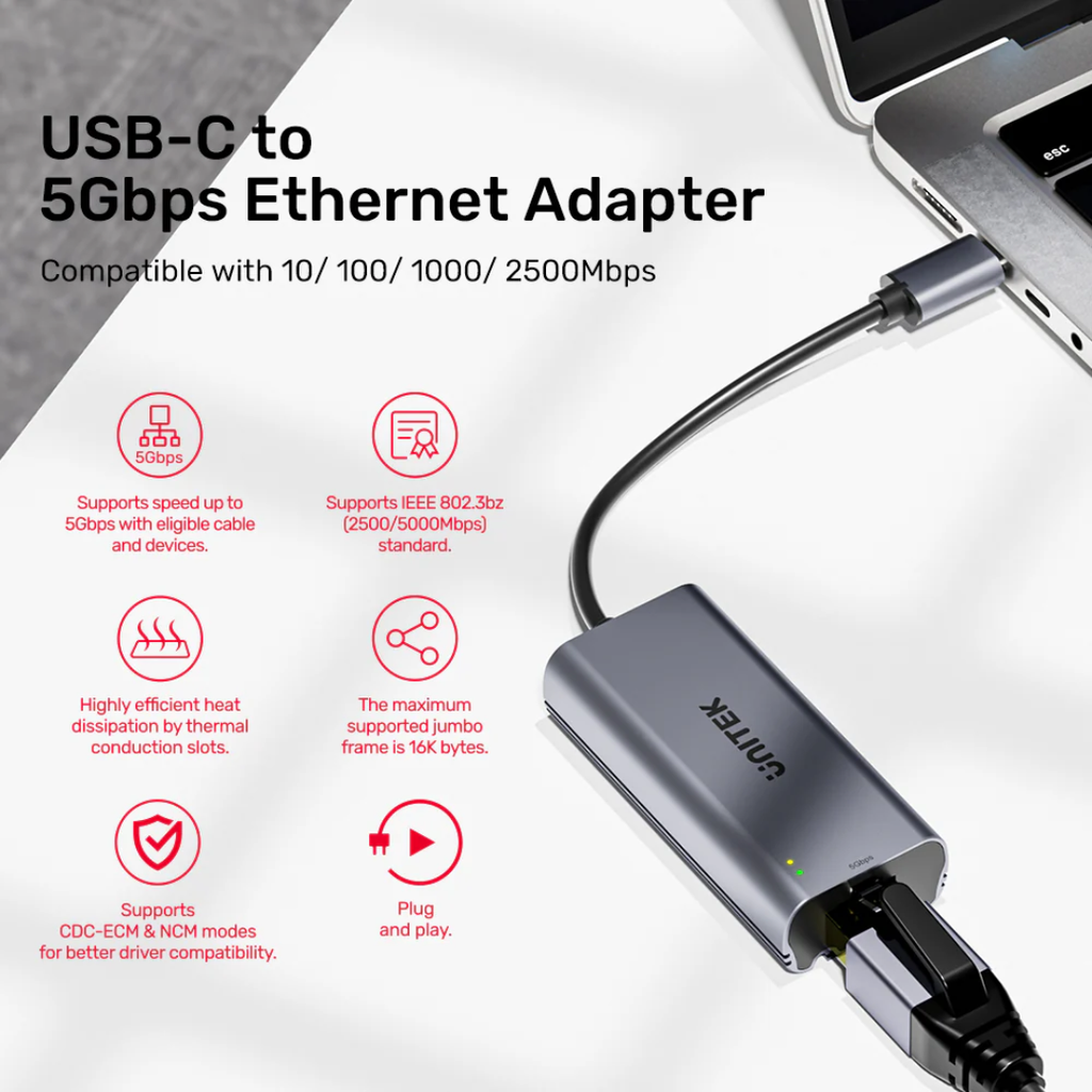 Bộ chuyển USB-C → Ethernet 5 Gbps UNITEK U1343AGY01
